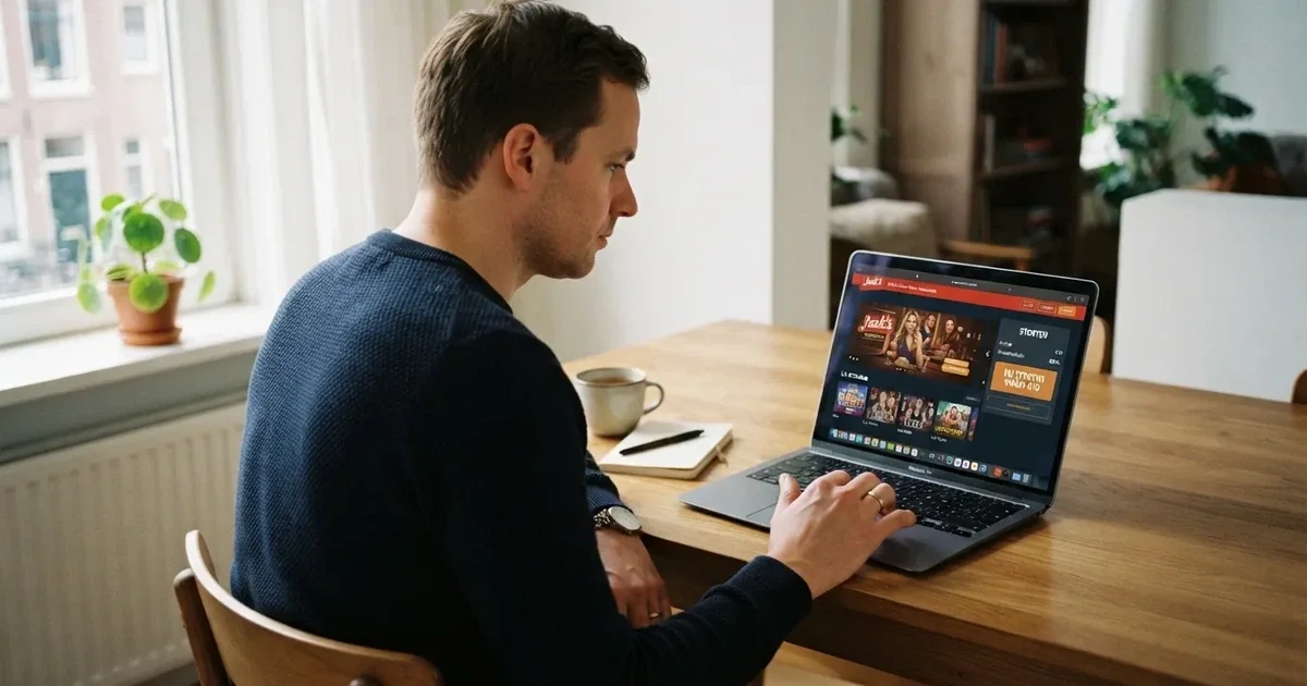 Een Nederlandse speler zit aan een laptop met een online casino open, een stortingsscherm toont €10 en de iDEAL-knop is zichtbaar
