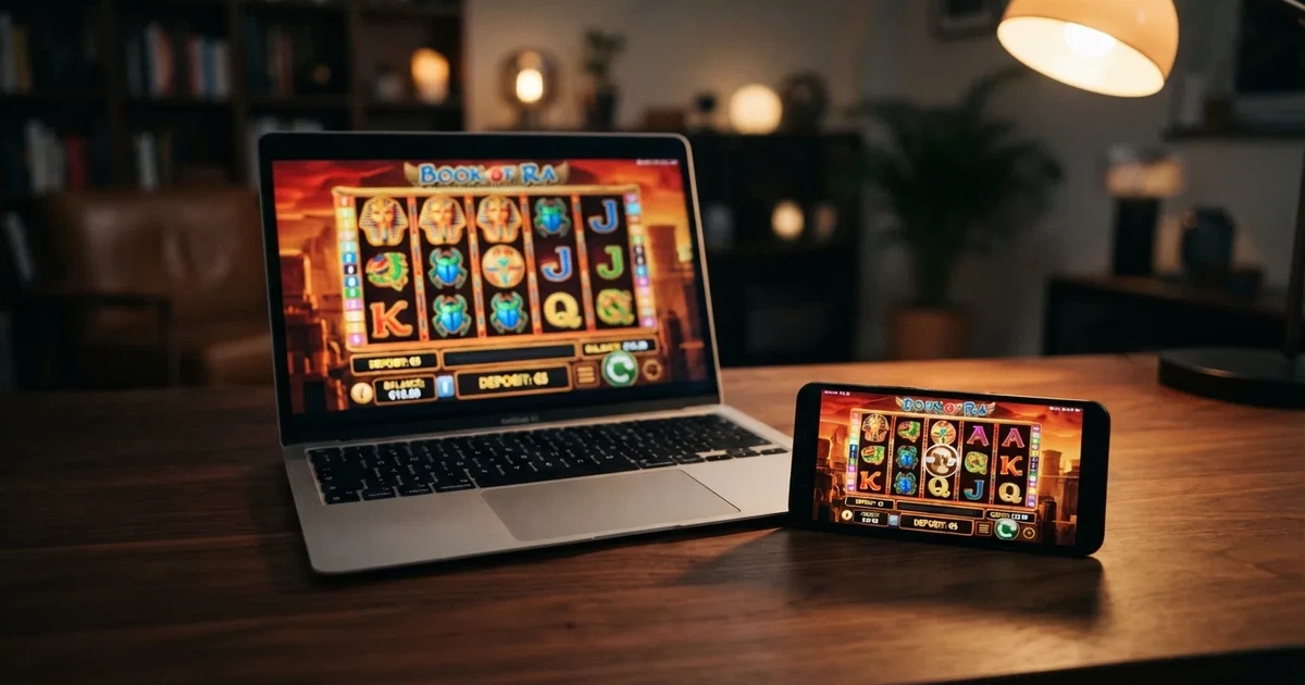 Laptop en telefoon naast elkaar, beide met een casinospel en het stortingsbedrag van vijf euro op het scherm