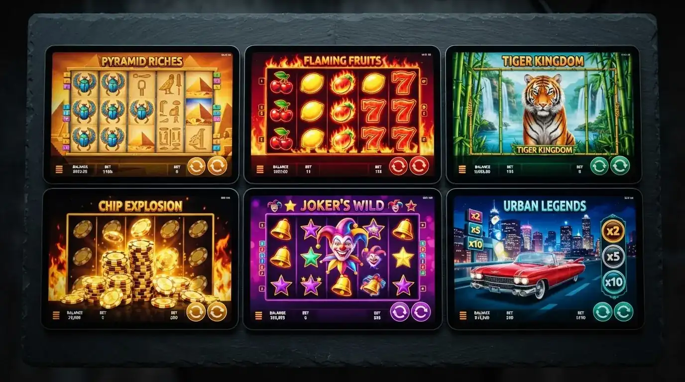 Een raster van zes Amatic-slot-tegels: Book of Aztec, Hot Fruits 20, Grand Tiger, Blazing Coins 20, Lucky Joker 10 en Multi Billyonaire — elk met hun karakteristieke ontwerp en kleurenschema