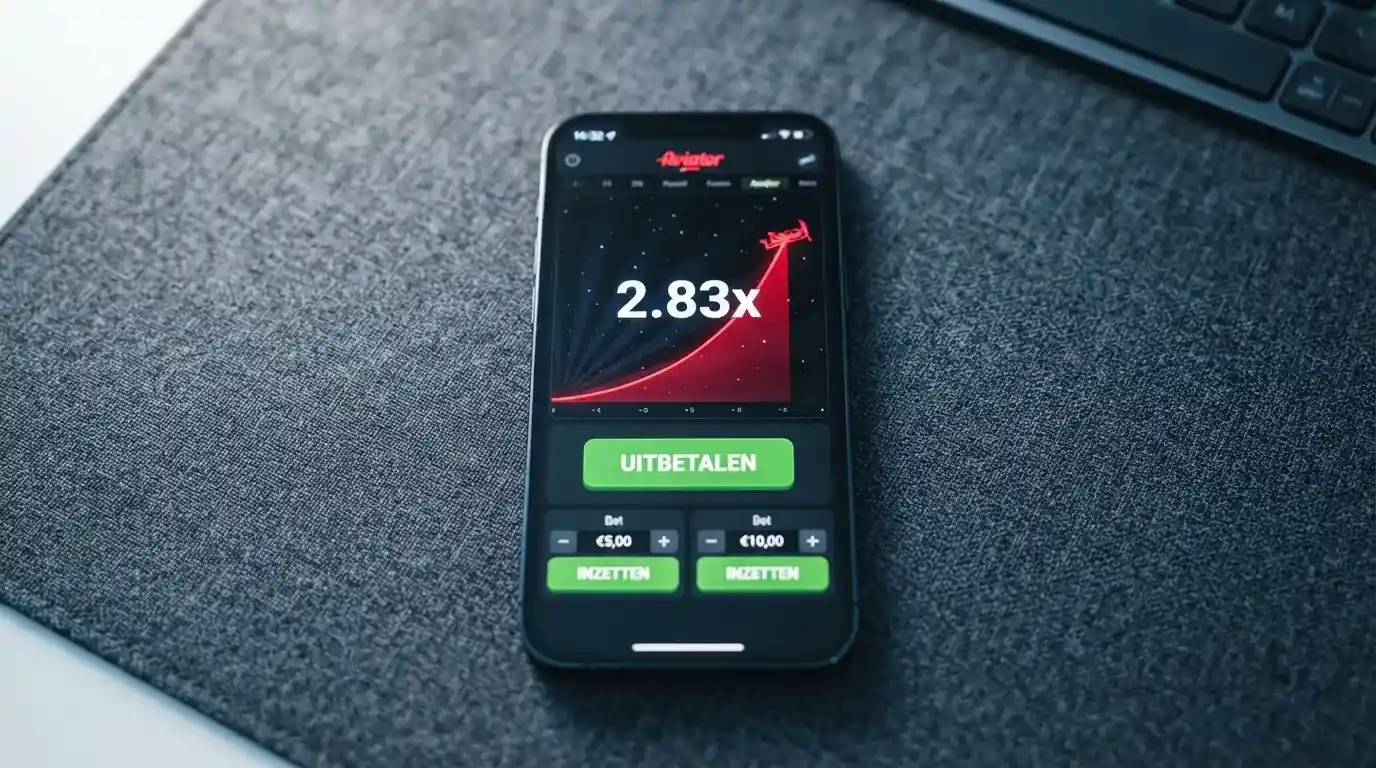 Een Aviator-ronde met oplopende multiplier en de cash-outknop in beeld