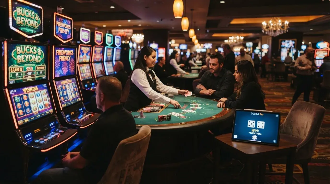 Een collage van casino-spelcategorieën: een gokkast, een live blackjack-tafel en een provably fair Dice-interface met BCH-inzet