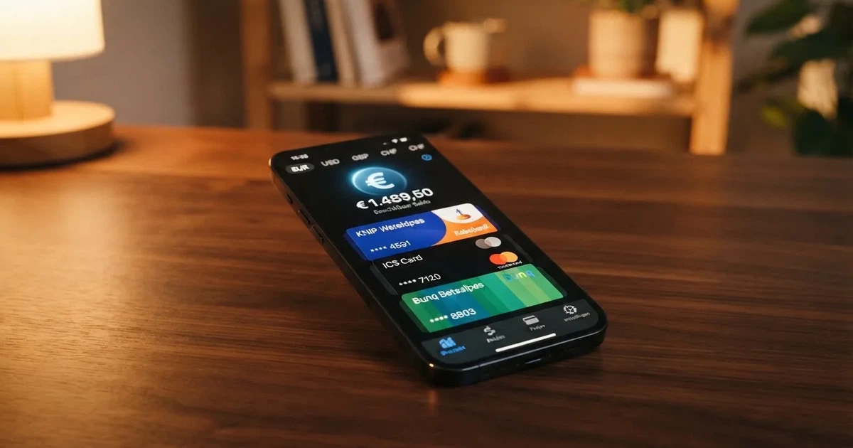 AstroPay-logo en interface van de mobiele app met een multicurrency-wallet, prepaidkaart en betaallinks zichtbaar op het scherm van een smartphone