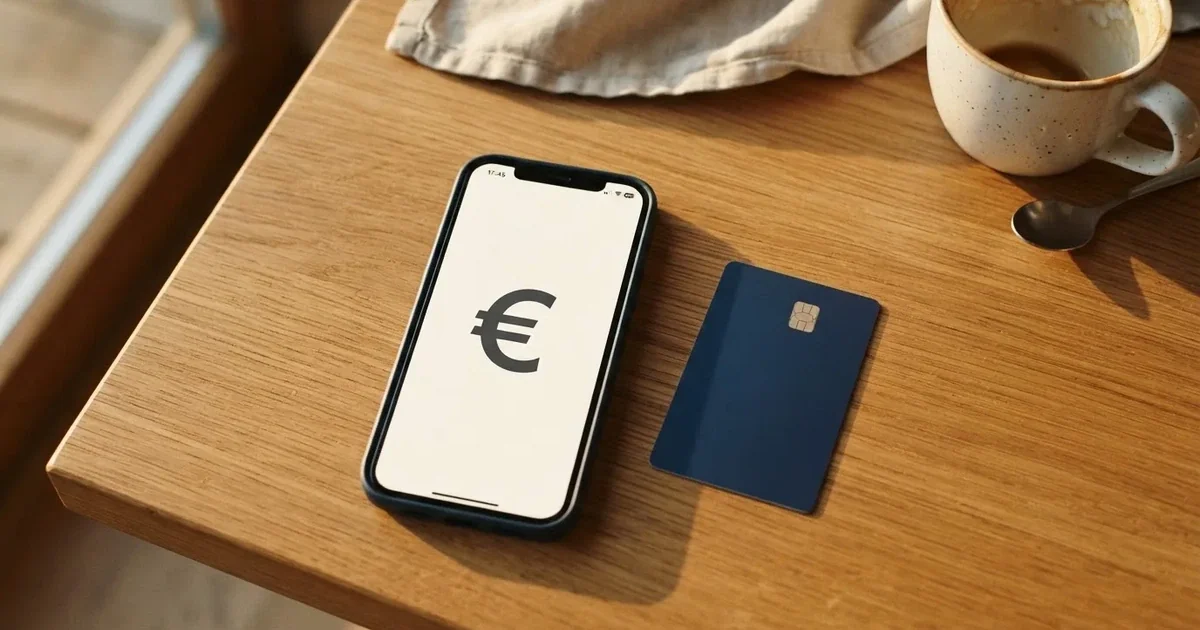 Smartphone met een betaal-app en een bankkaart op een tafel