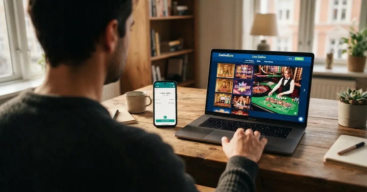 Een mobiele bankapp toont een openstaande overboeking, naast een laptop met een online casino op het scherm