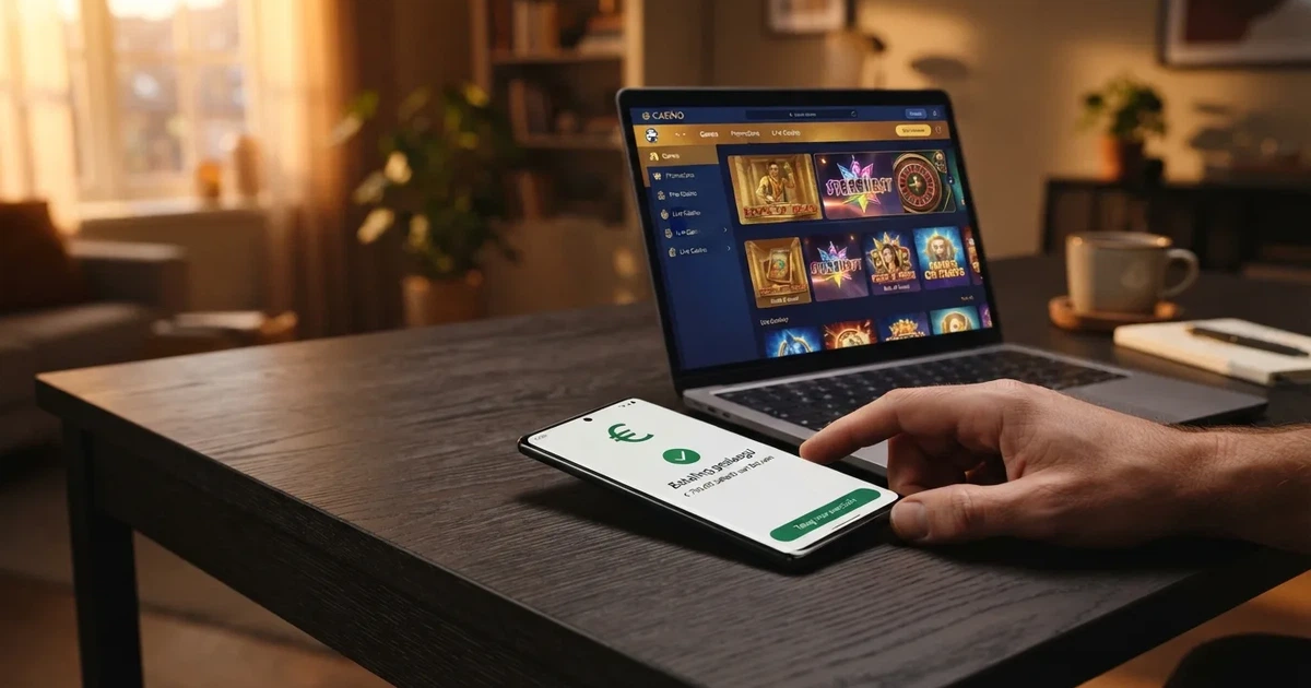Smartphone met een bevestigingsscherm van een mobiele bankapp naast een online casinopagina op een laptop