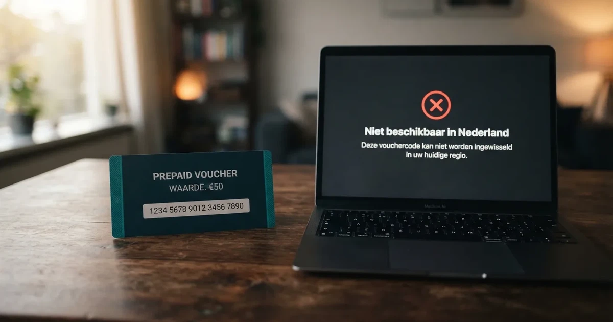 Een CashtoCode eVoucher met 20-cijferige pincode op een beeldscherm, met een rood waarschuwingsteken en de tekst “Niet beschikbaar in Nederland”