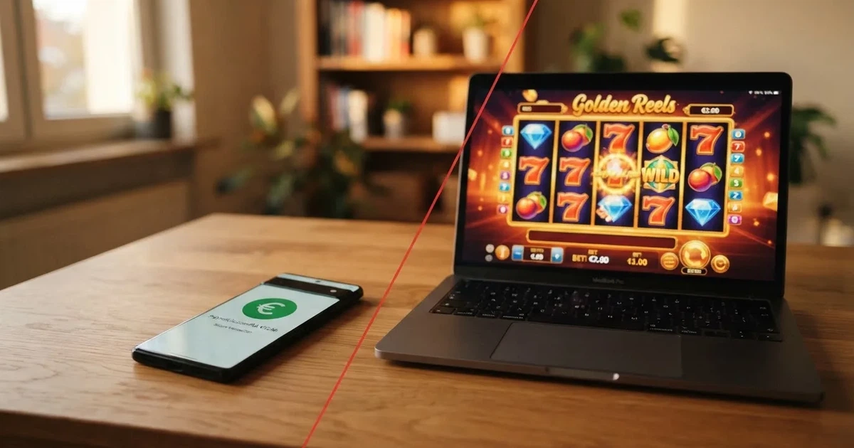 Een smartphone met het Google Pay-logo en een Nederlands online casino op een laptops scherm, met een rood kruis ertussen dat de afwezigheid aangeeft