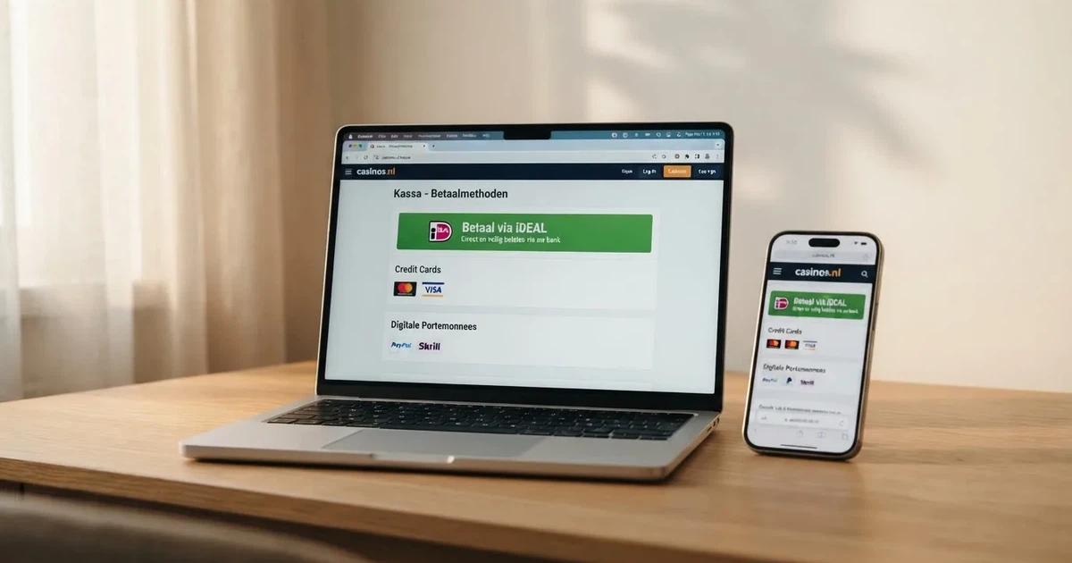 Een laptop en een smartphone tonen een Nederlandse casinokassa waar iDEAL de zichtbare betaaloptie is.