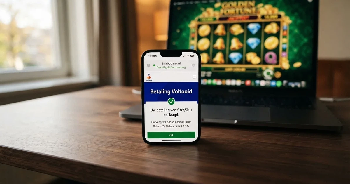 Een smartphone toont de iDEAL-betaalpagina van een Nederlandse bank naast het logo van een online casino, met een groen beveiligingsslot in de adresbalk
