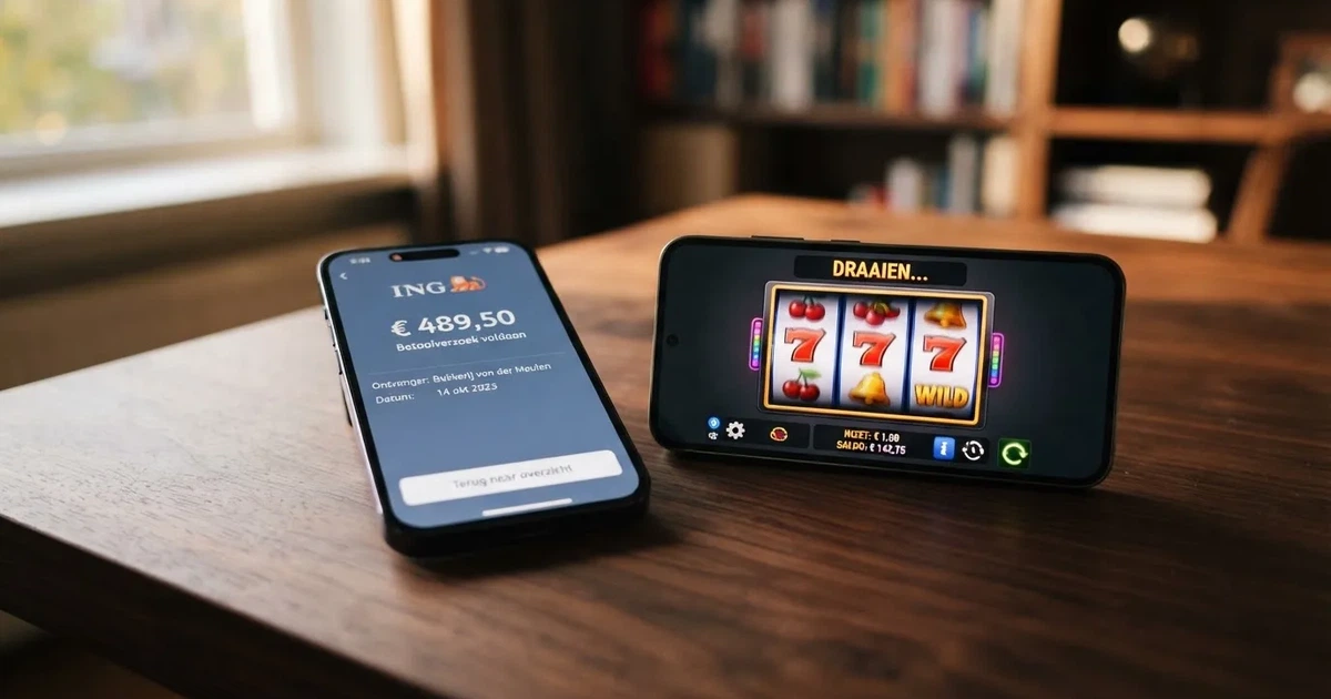 Betalen met de Klarna-app op een smartphone, naast een online casinospel op een tweede scherm