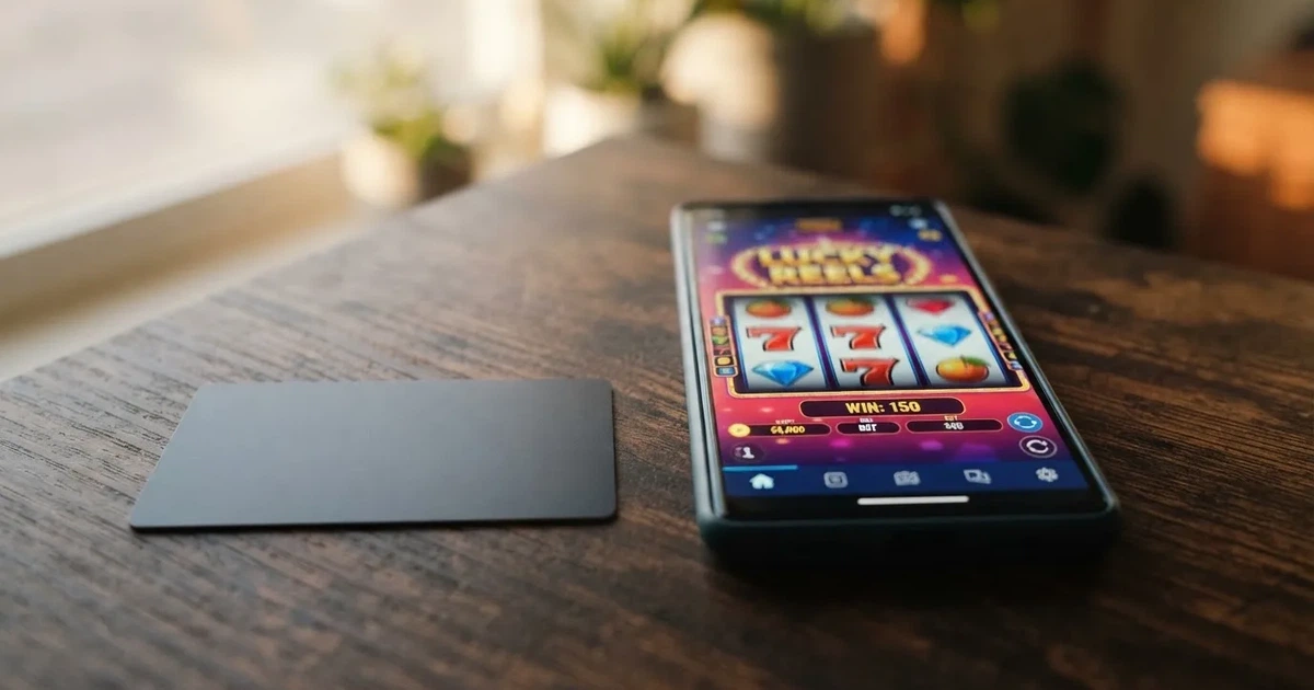 Een Maestro-betaalpas ligt naast een smartphone met een geopende casino-app