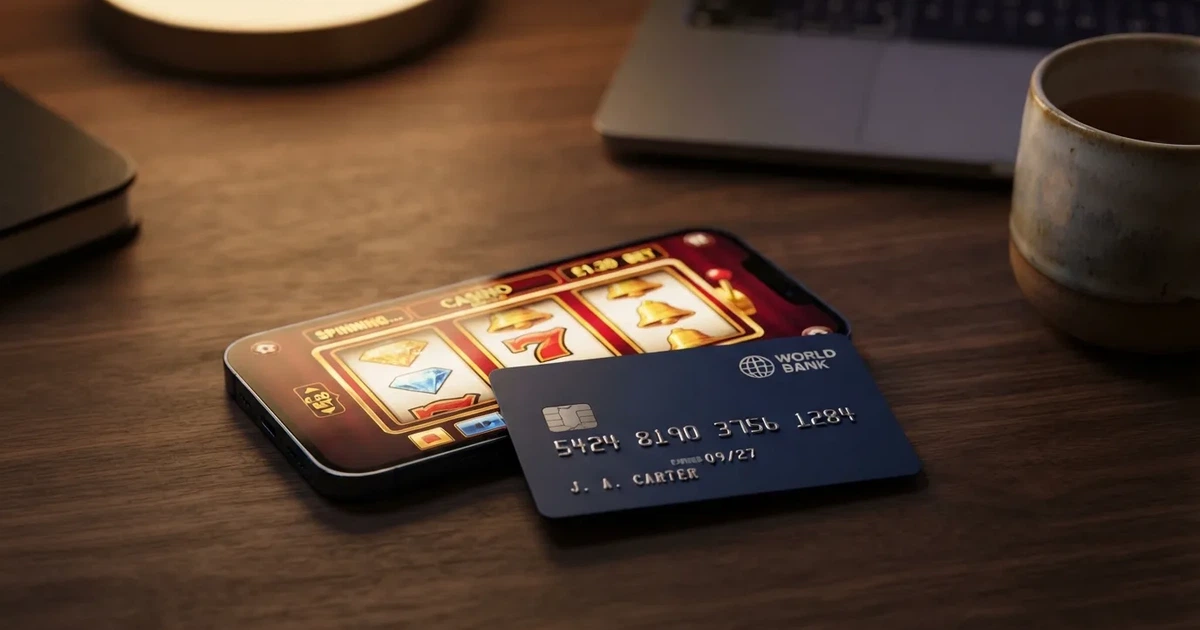 Een close-up van een Nederlandse pinpas met Mastercard-logo op een smartphone-scherm met op de achtergrond een casino-interface