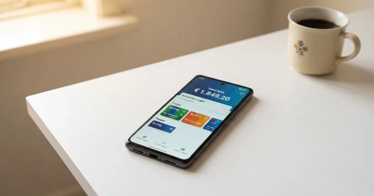 MiFinity eWallet interface op een smartphonescherm met het logo, een saldo-weergave en betaalopties zichtbaar