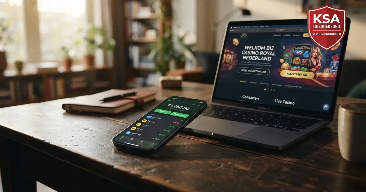 Een smartphone met de MuchBetter-app naast een laptop die een Nederlandse online casino-pagina toont met een rood Ksa-keurmerk