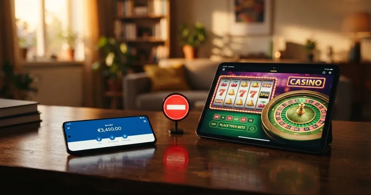 Een smartphone met een Neteller-saldo naast een casino-interface, met een rood verbodssymbool ertussen