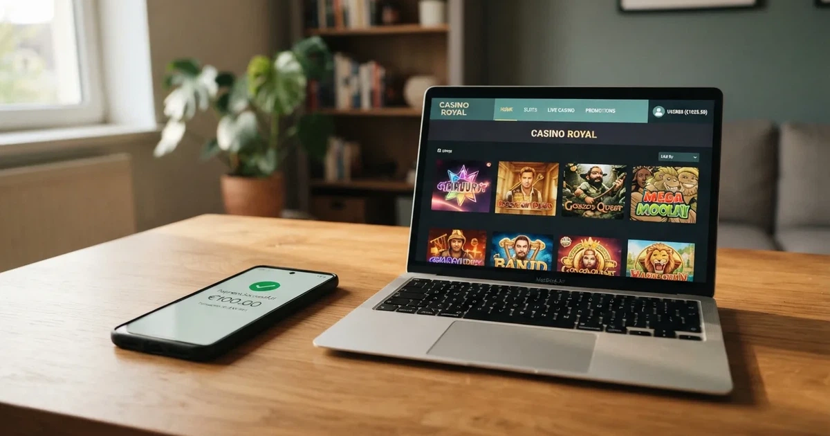 Een smartphone met het NodaPay-betaalscherm naast een open online casino-interface op een laptopscherm.
