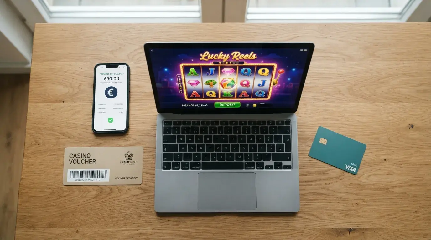 Een overzicht van betaalmethoden voor online casino-stortingen: iDEAL, PayPal, Paysafecard en een bankpas liggen op een tafel naast een laptop met een casinoscherm
