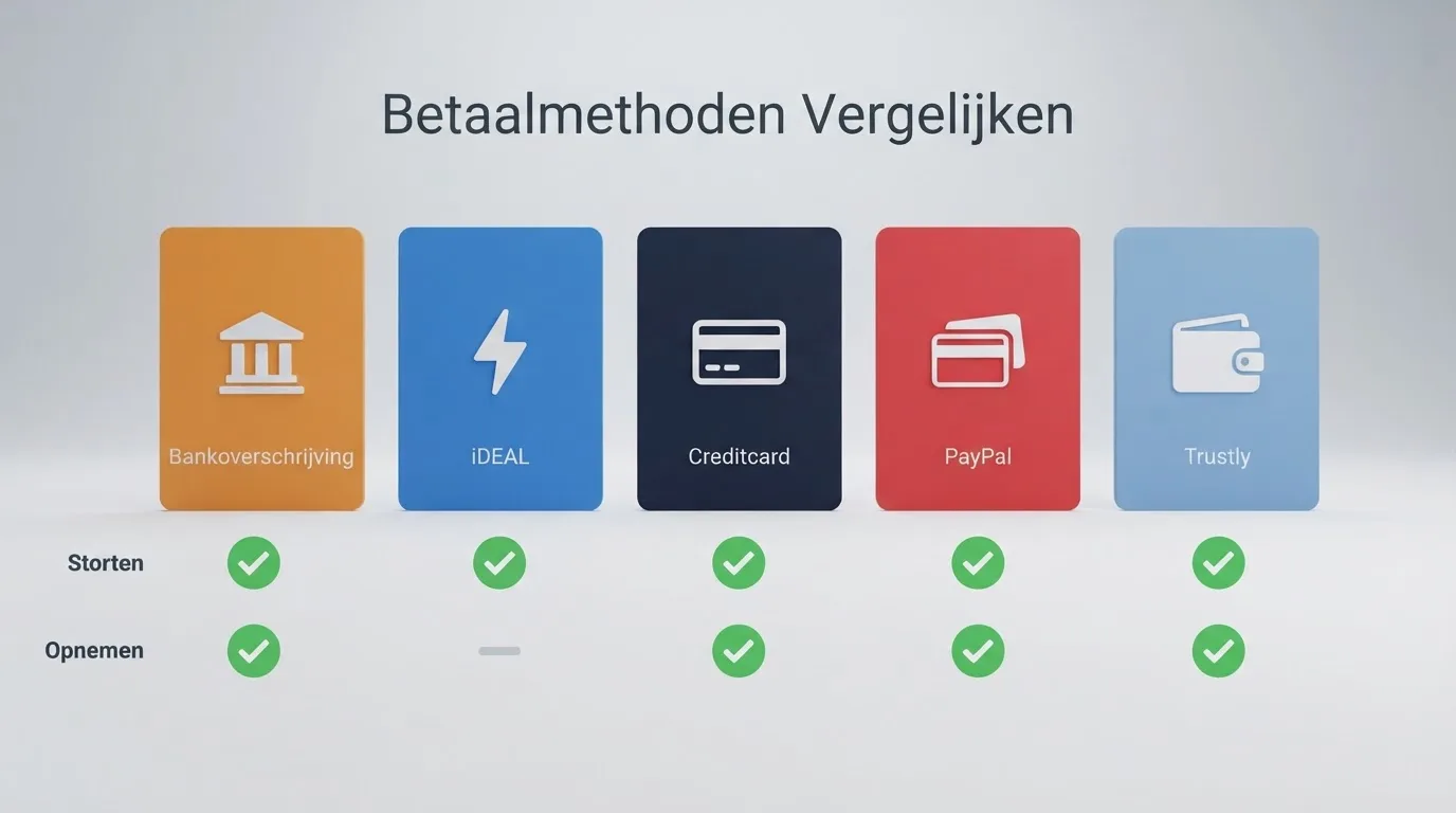 De logo's van iDEAL, Trustly, Visa, Mastercard en PayPal naast elkaar op een rij met vinkjes voor storten en uitbetalen