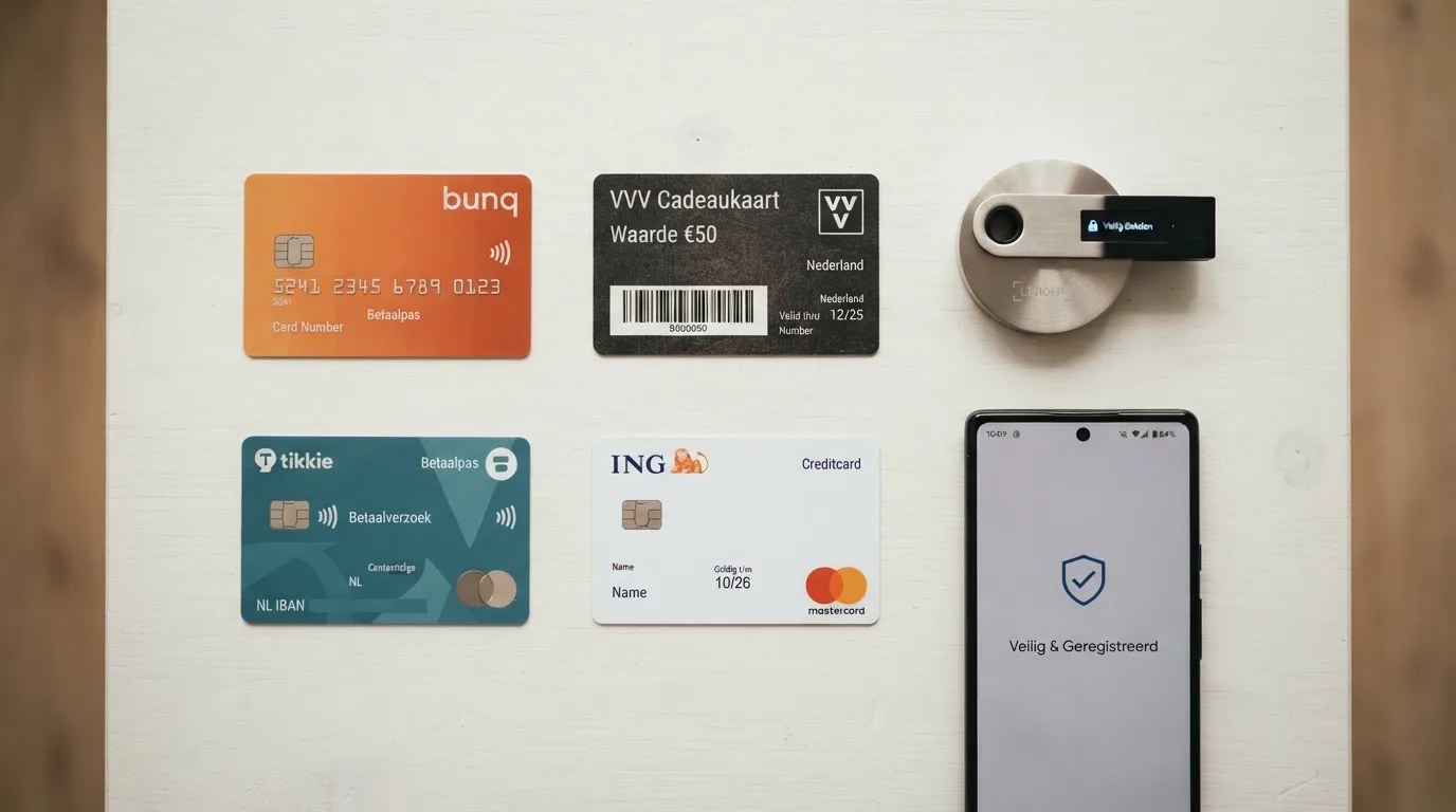 Een overzicht van zes betaalmethoden — iDEAL, crypto, Trustly, Paysafecard, PayPal en creditcard — met hun beschikbaarheid bij Ksa-vergunde en niet-Ksa-casino’s