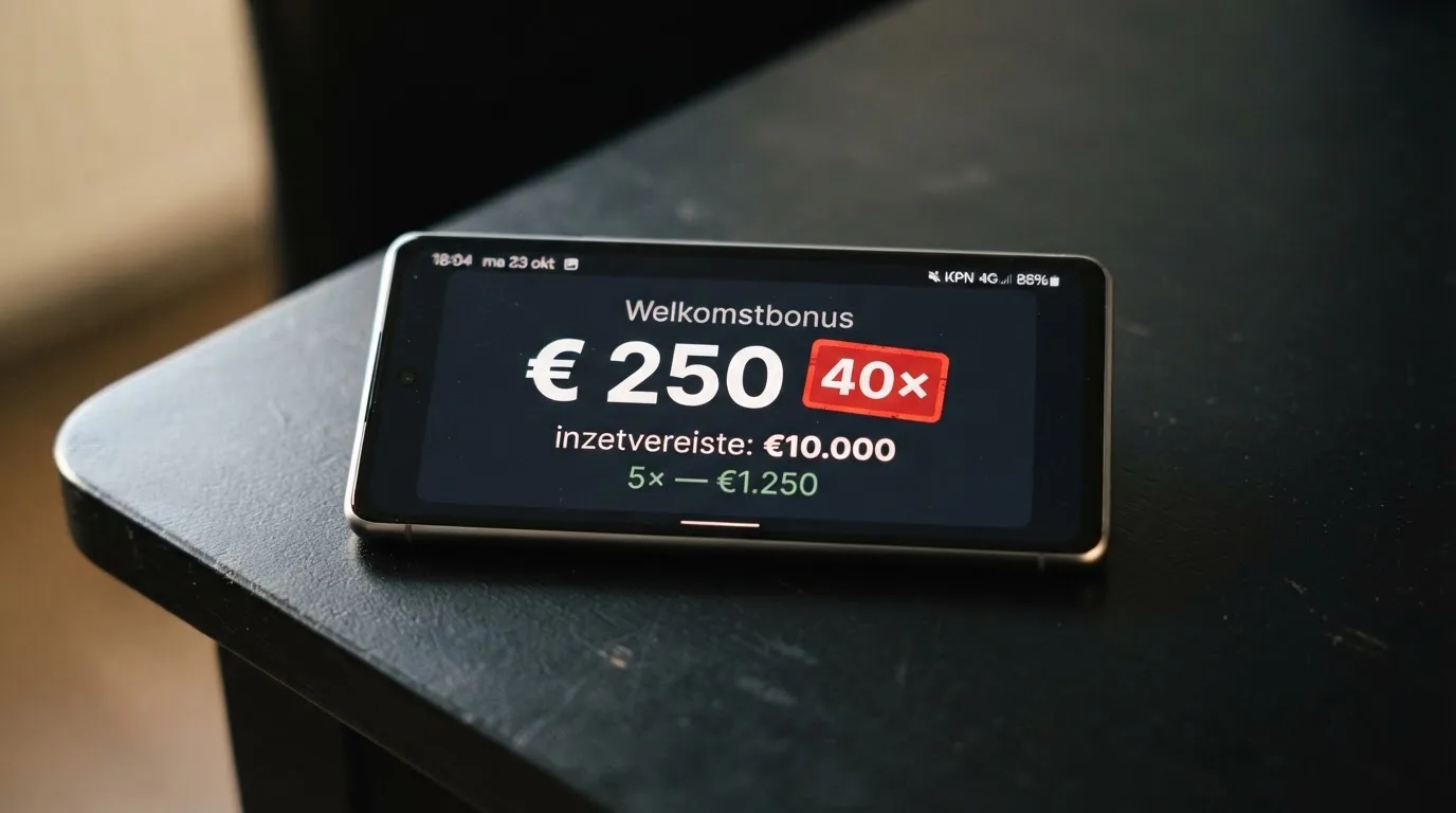 Een close-up van bonusvoorwaarden op een Nederlands casinascherm, met het inzetvereiste uitgelicht.