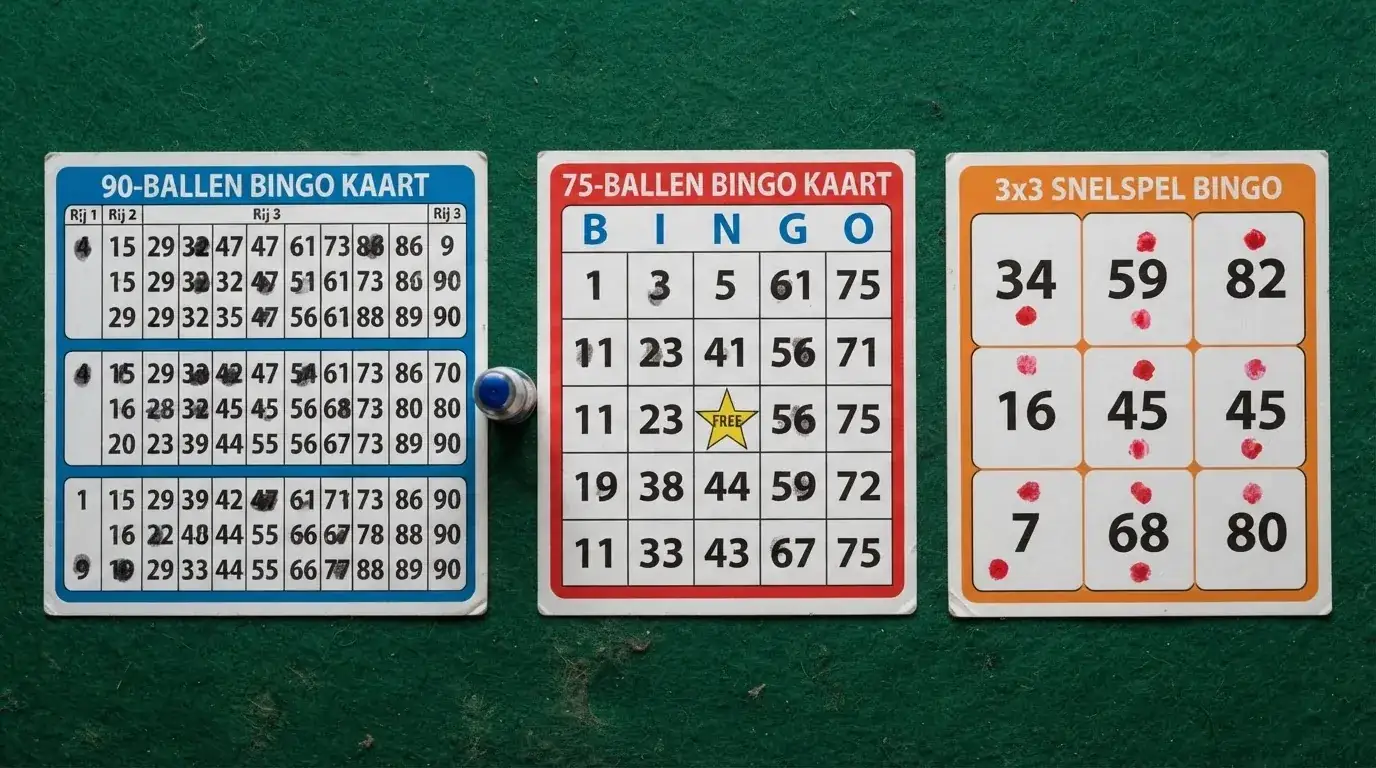 Drie bingokaarten naast elkaar: een 90-ball kaart met 3 rijen en 9 kolommen, een 75-ball 5×5 raster met B-I-N-G-O-kolommen en een HexaBingo 3×3 kaart met 9 cijfers