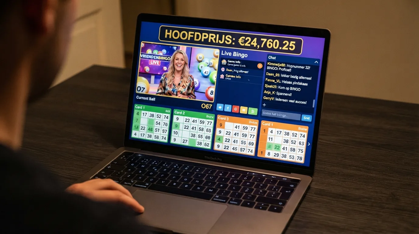 Een volle online bingokamer met bingokaarten, een live chathost in beeld, een chatvenster met Nederlandstalige berichten en een progressieve jackpot-teller bovenaan