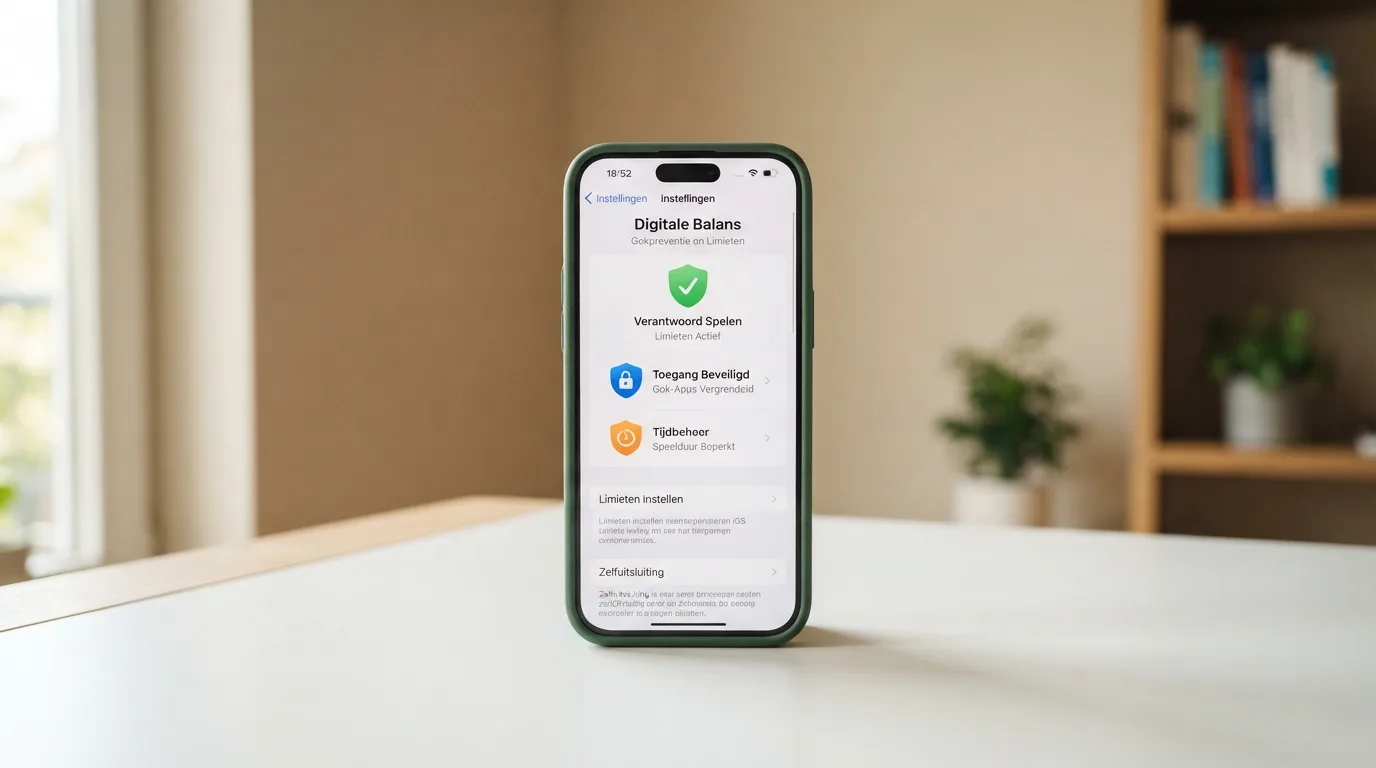 Een iPhone-scherm met de instellingen voor Schermtijd en de logo's van BetBlocker, Gamban en Cruks
