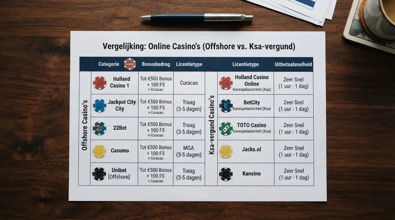 Een overzichtelijke vergelijkingstabel met buitenlandse en Nederlandse casino's, met kolommen voor bonus, vergunning en uitbetaling, naast elkaar gerangschikt