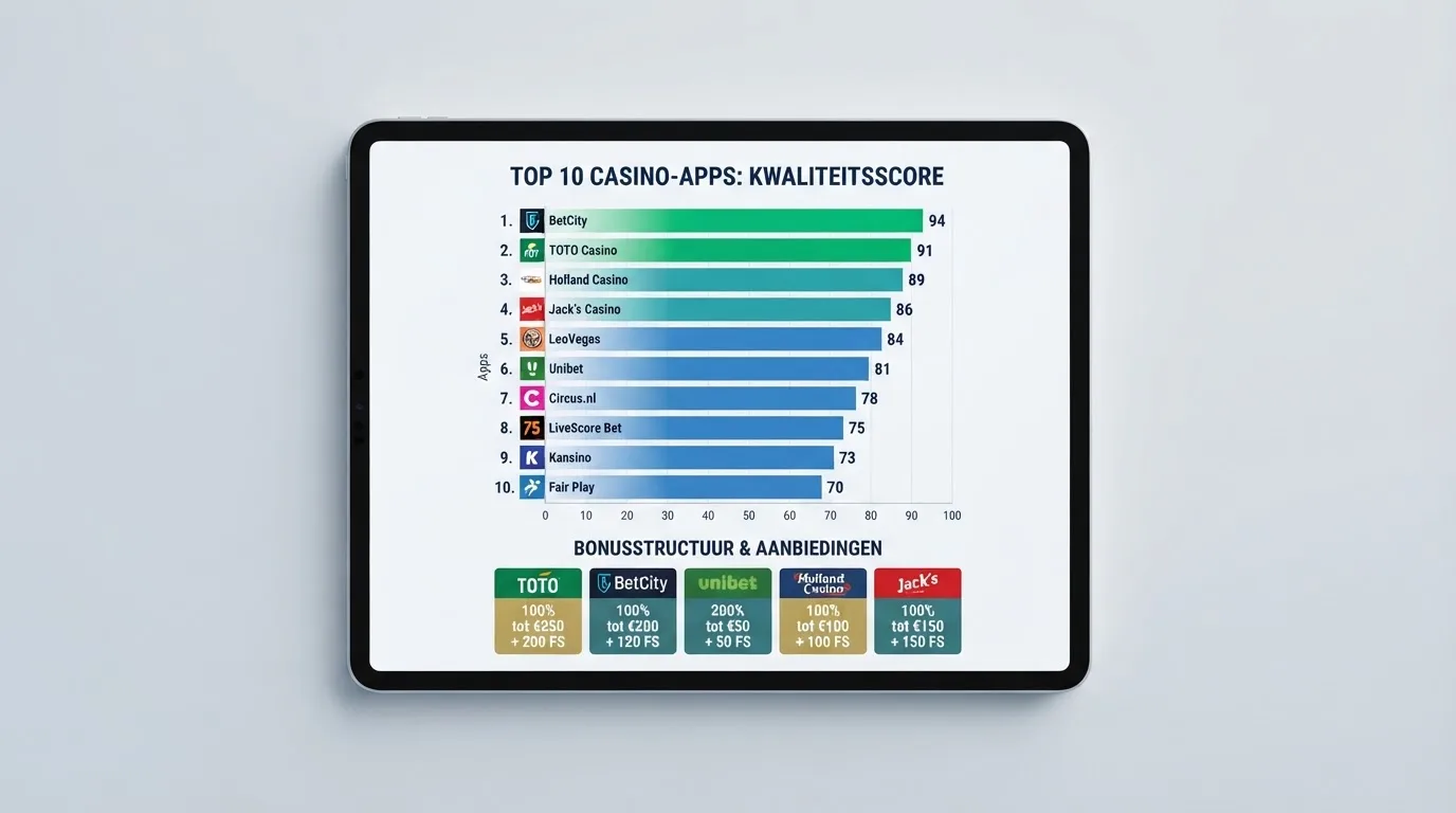 Een overzichtelijke vergelijkingstabel met de tien onderzochte casino apps, hun scores en bonusstructuren naast elkaar.