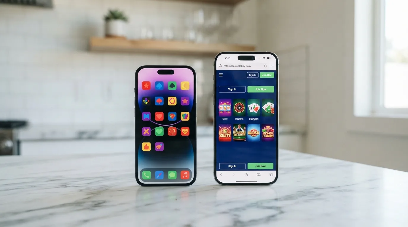 Twee telefoons naast elkaar: links een casino-app-icoon, rechts dezelfde site in de browser