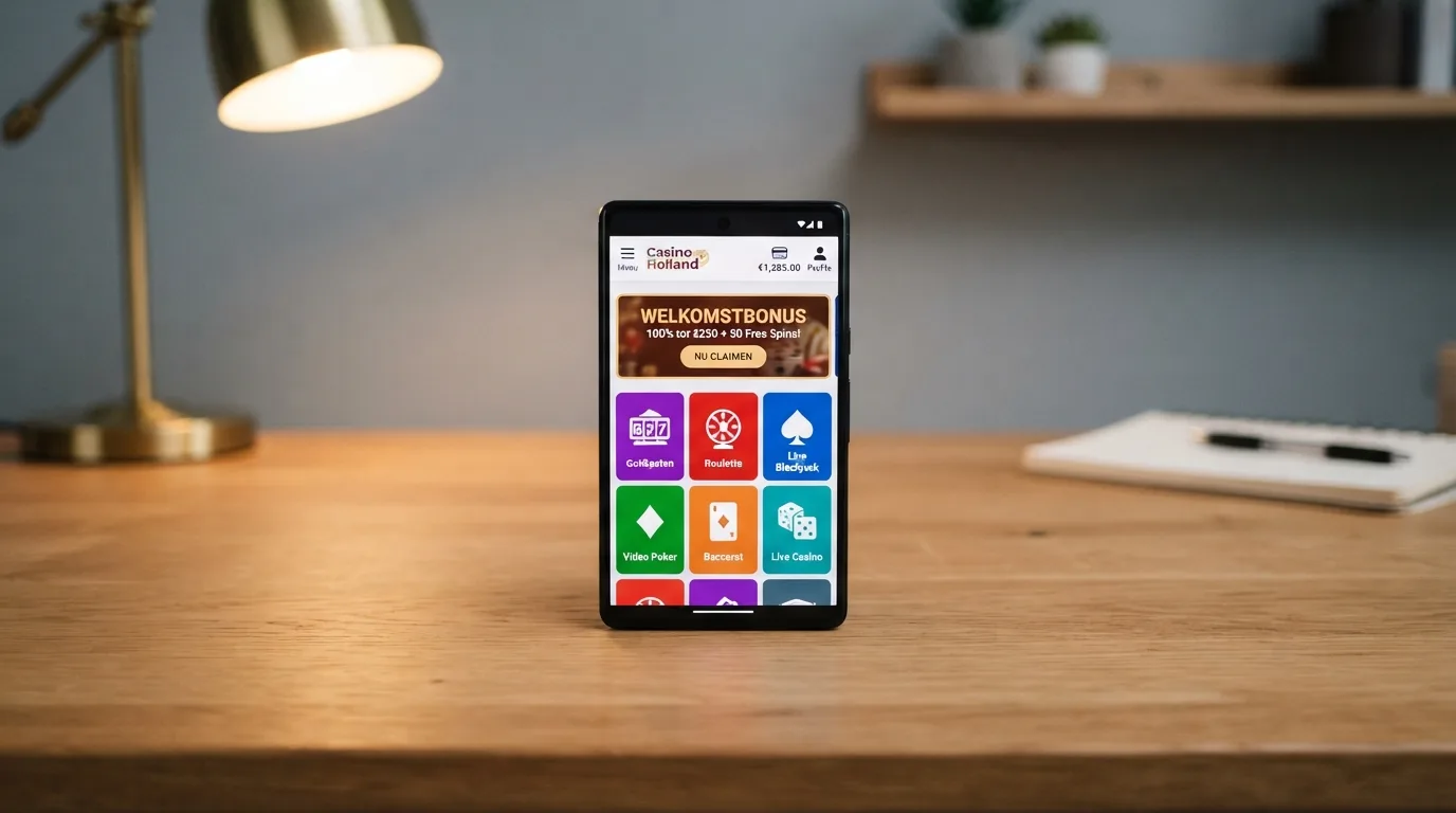 Een smartphone toont een vergelijkingstabel van twee casino's met bonus en vergunning