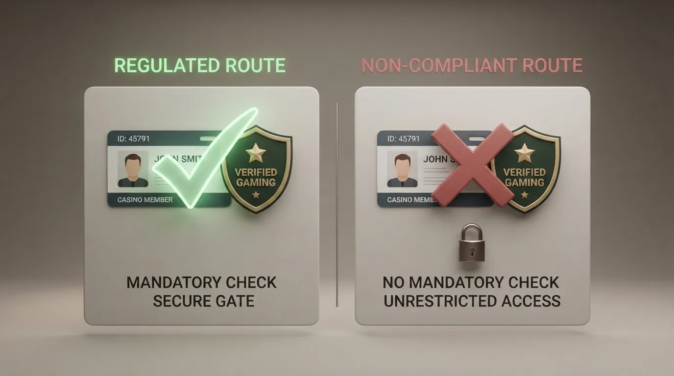 Een schematische weergave van twee routes: een Ksa-vergund casino waar een iDIN-Cruks-check plaatsvindt vóór de storting, tegenover een offshore casino waar deze stap ontbreekt