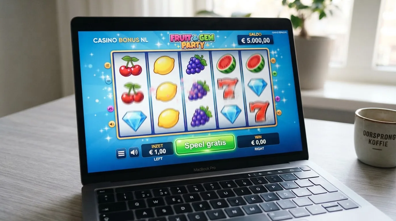 Een online gokkast in demo-modus met zichtbaar virtueel speelgeld-saldo en een 'speel gratis'-knop