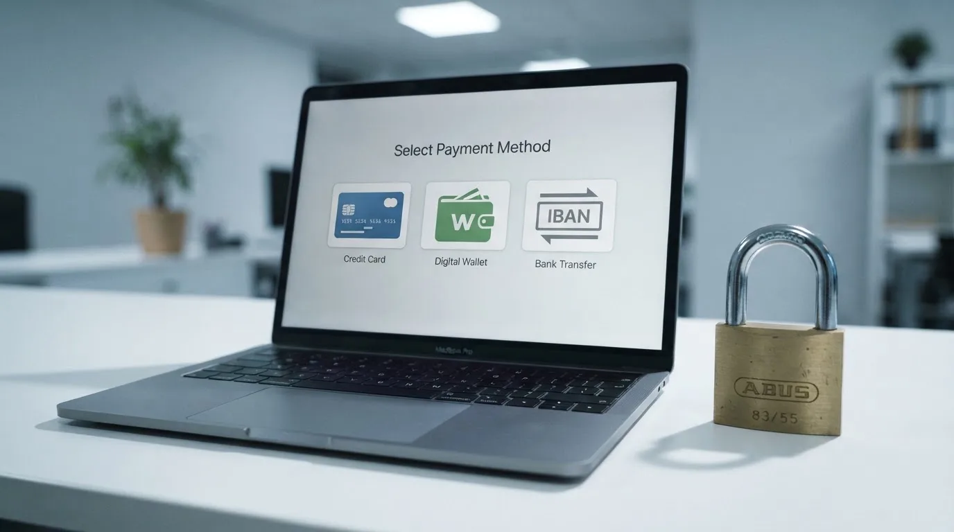 Laptopscherm met een betaalmethodenpagina van een online casino en een vergrendelde e-wallet ernaast