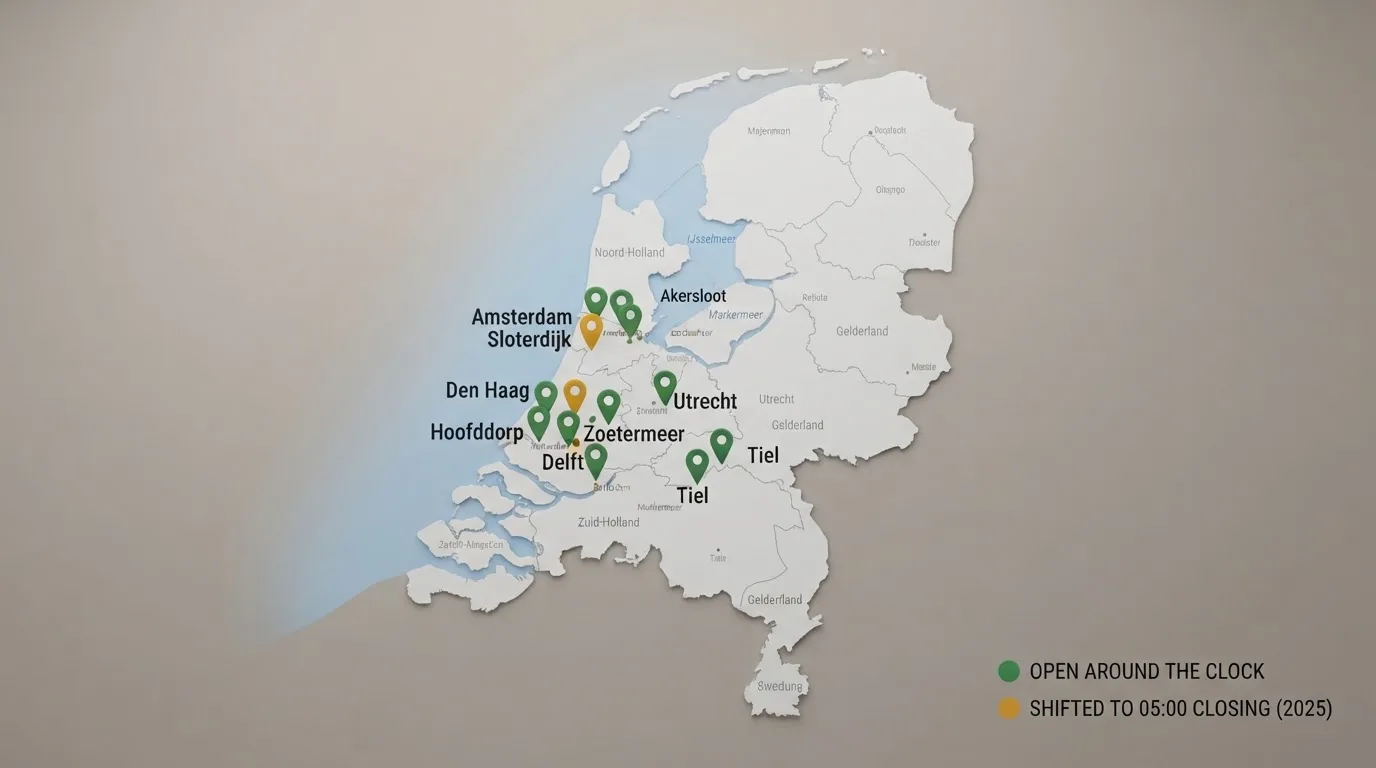 Een kaart van Nederland met steden gemarkeerd waar fysieke casino's en speelhallen nog (bijna) 24 uur open zijn