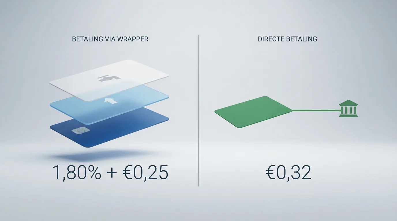 Een schema dat Google Pay als kaart-wrapper-laag bovenop Visa toont versus iDEAL als directe bank-naar-casinoroute