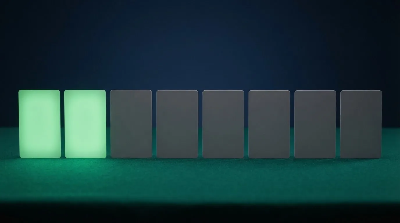 Een rij van tien casinakaarten, twee groen oplichtend en acht grijs