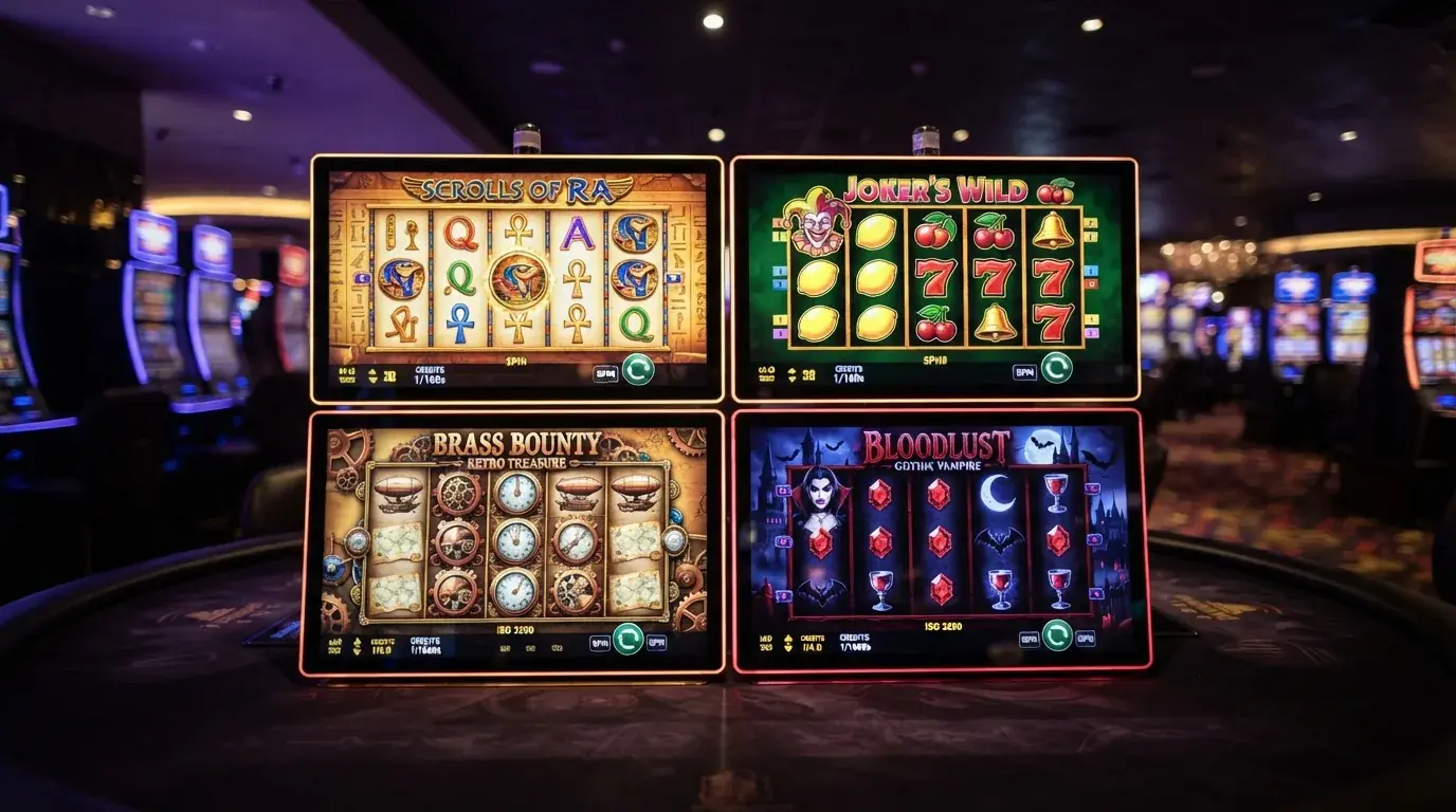 Een grid van de covers van Book of 99, Mega Joker, Jackpot 6000 en Blood Suckers — de vier best uitbetalende gokkasten in Nederland — op een casino-achtergrond