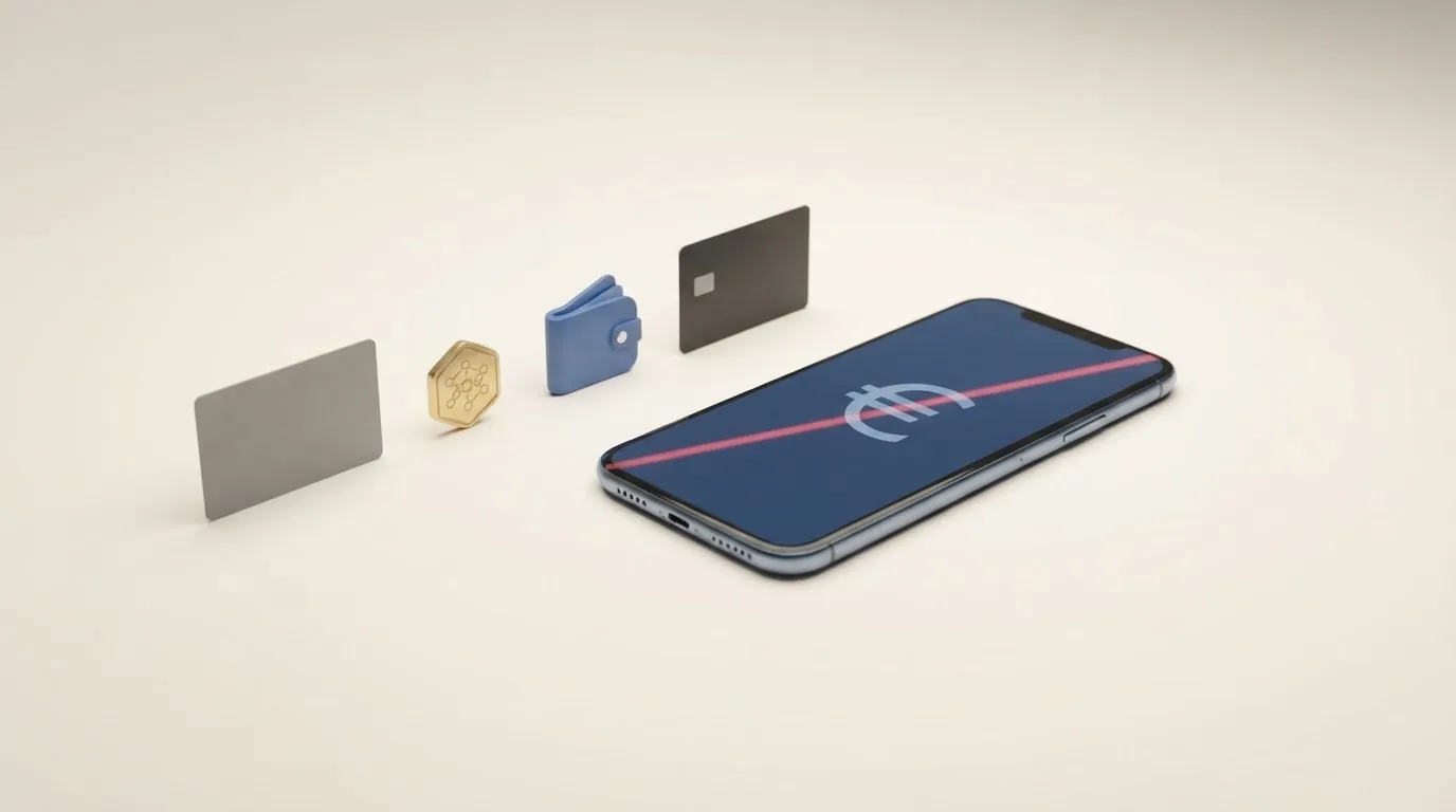 Het iDEAL-logo met een rood kruis, daarnaast de logo's van cryptovaluta, Visa, Mastercard en Skrill