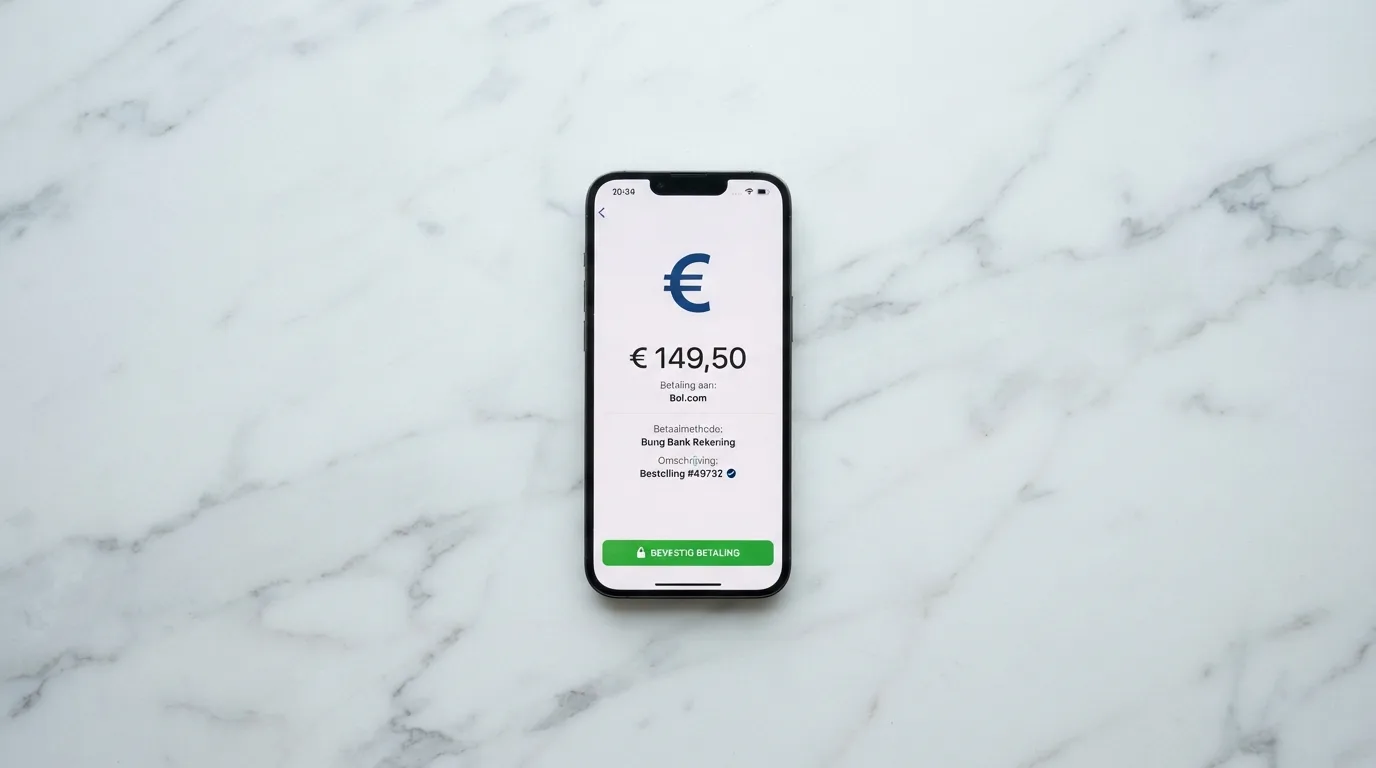 Een stapsgewijze weergave van het iDEAL-stortingsproces: bank-app opent, bedrag invoeren, betaling bevestigen, tegoed verschijnt direct op het casino-account