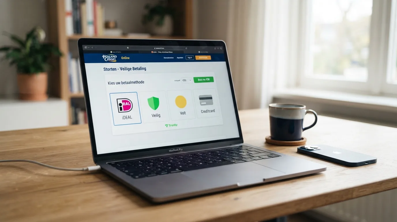 Een Nederlands online casino stortingsscherm met iDEAL, Trustly, PayPal en creditcard als zichtbare betaalopties