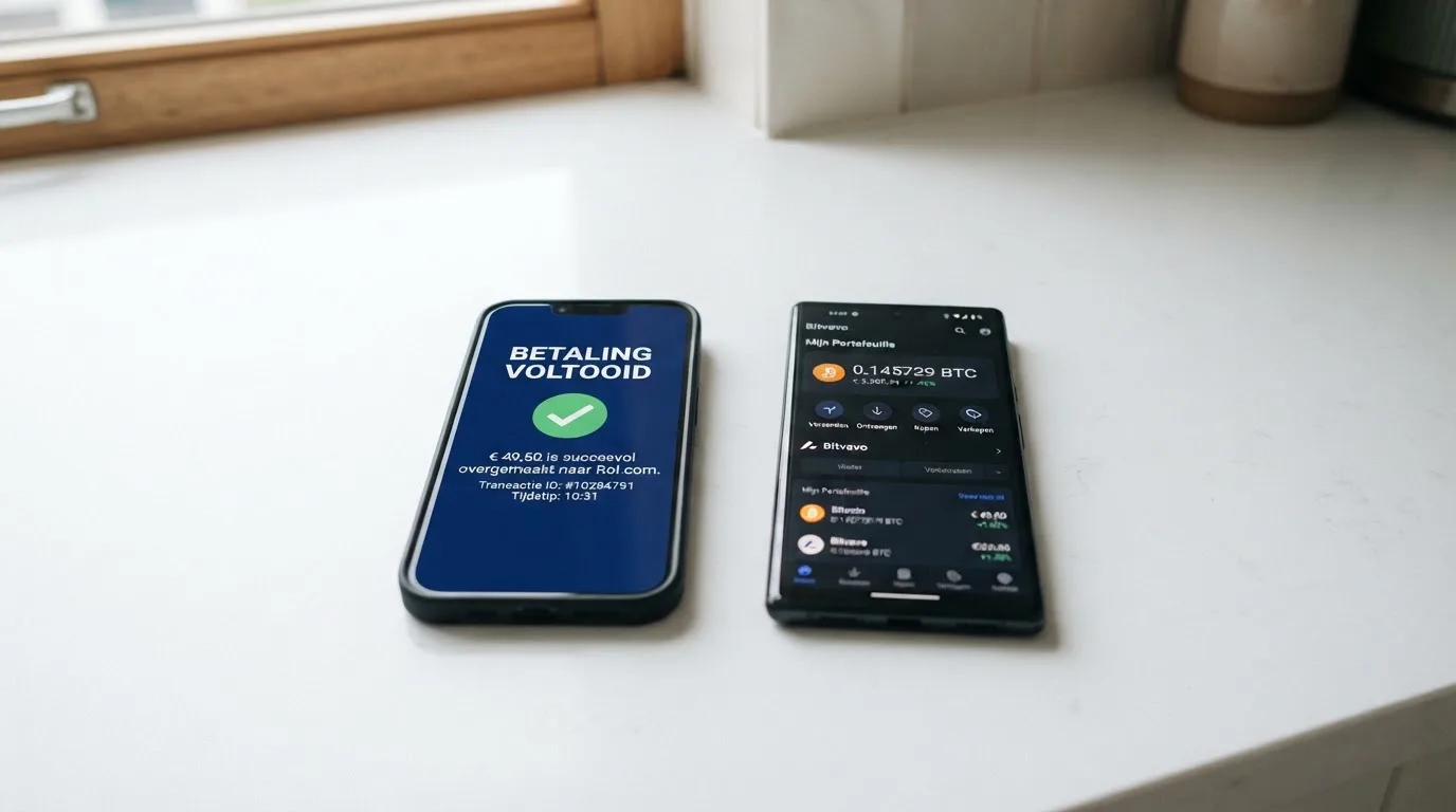 Betaalscherm met iDEAL en een bitcoin-wallet naast elkaar
