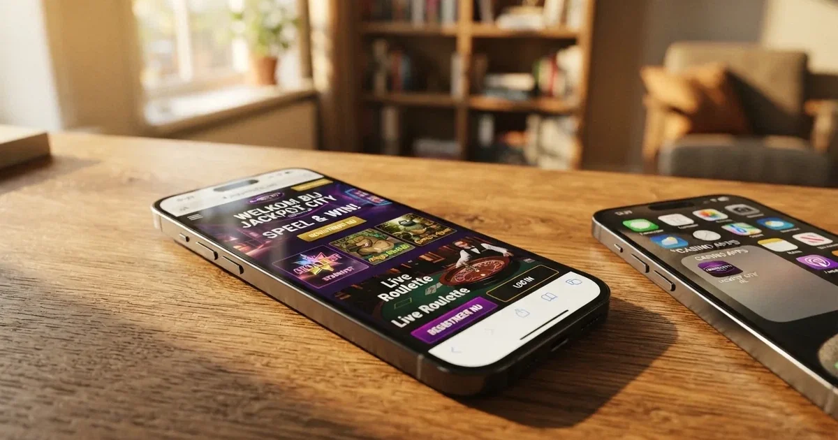 Een iPhone met daarop een geopende Nederlandse casino-website in Safari, naast het App Store-icoon van een casino-app