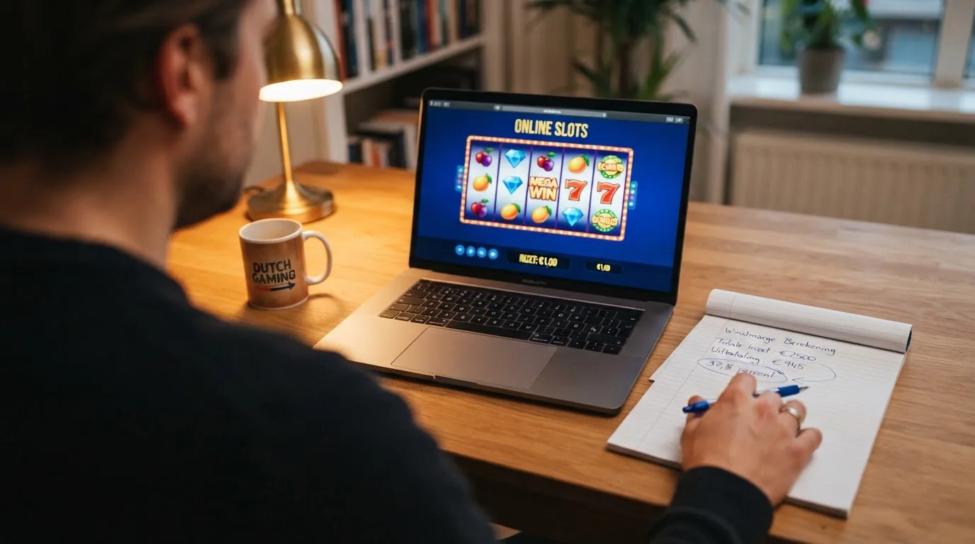 Een online casino op een laptop met daarnaast een berekening van het uitbetalingspercentage