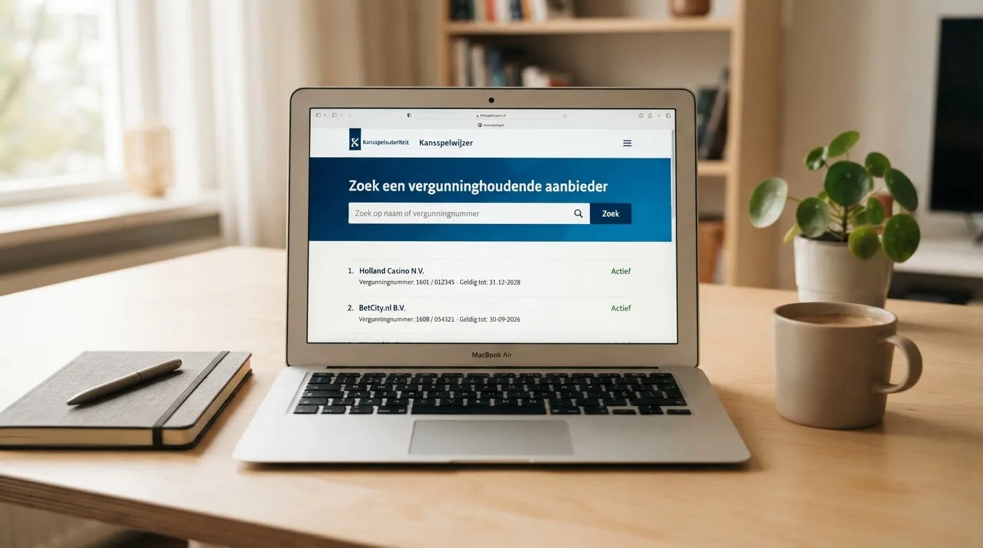Het Kansspelwijzer-zoekscherm van de Kansspelautoriteit met vergunningsnummers en geldigheidsdata.