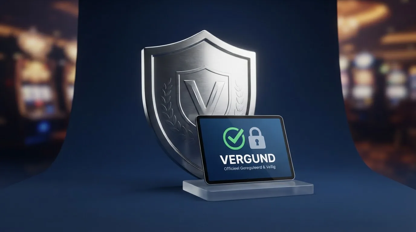 Het logo van de Kansspelautoriteit en het CRUKS-register naast een waarschuwingsteken op een scherm, met een casino-op-de-achtergrond.
