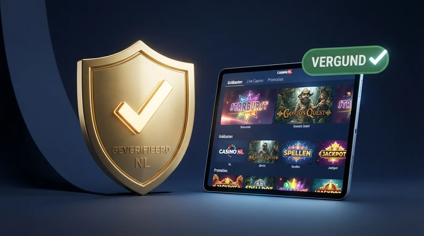 Het Ksa-logo van het Nederlandse keurmerk naast een casino-interface met zichtbare vergunningsinformatie