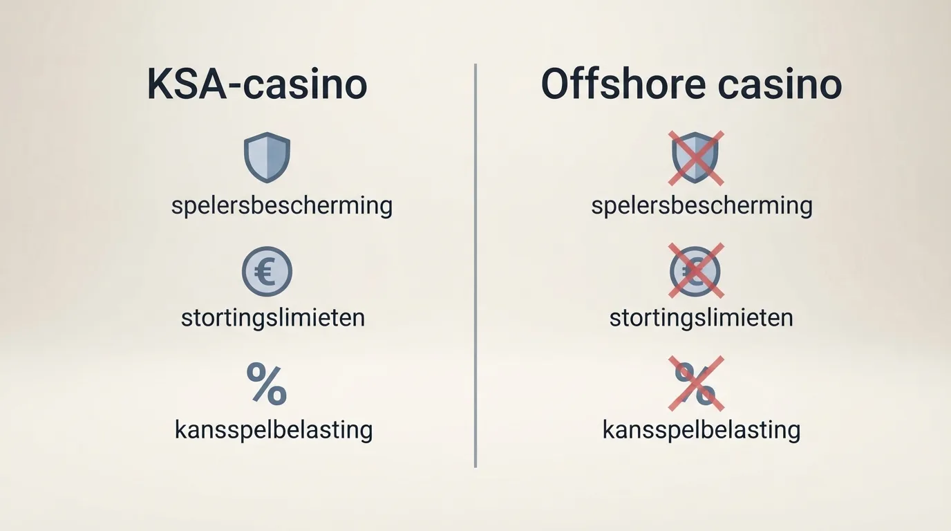 Schematische vergelijking: KSA-casino (Cruks, stortingslimiet, belasting door operator) tegenover offshore MiFinity-casino (geen Cruks, geen limiet, speler betaalt zelf belasting)