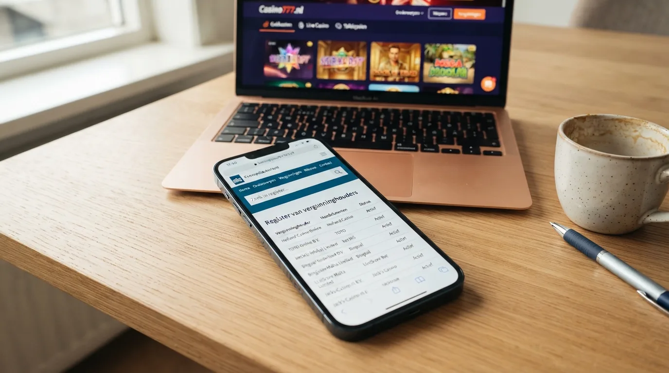 Een smartphone toont de homepage van het Ksa-vergunningenregister met een zoekbalk — op de achtergrond vaag een laptop met een casino-lobby