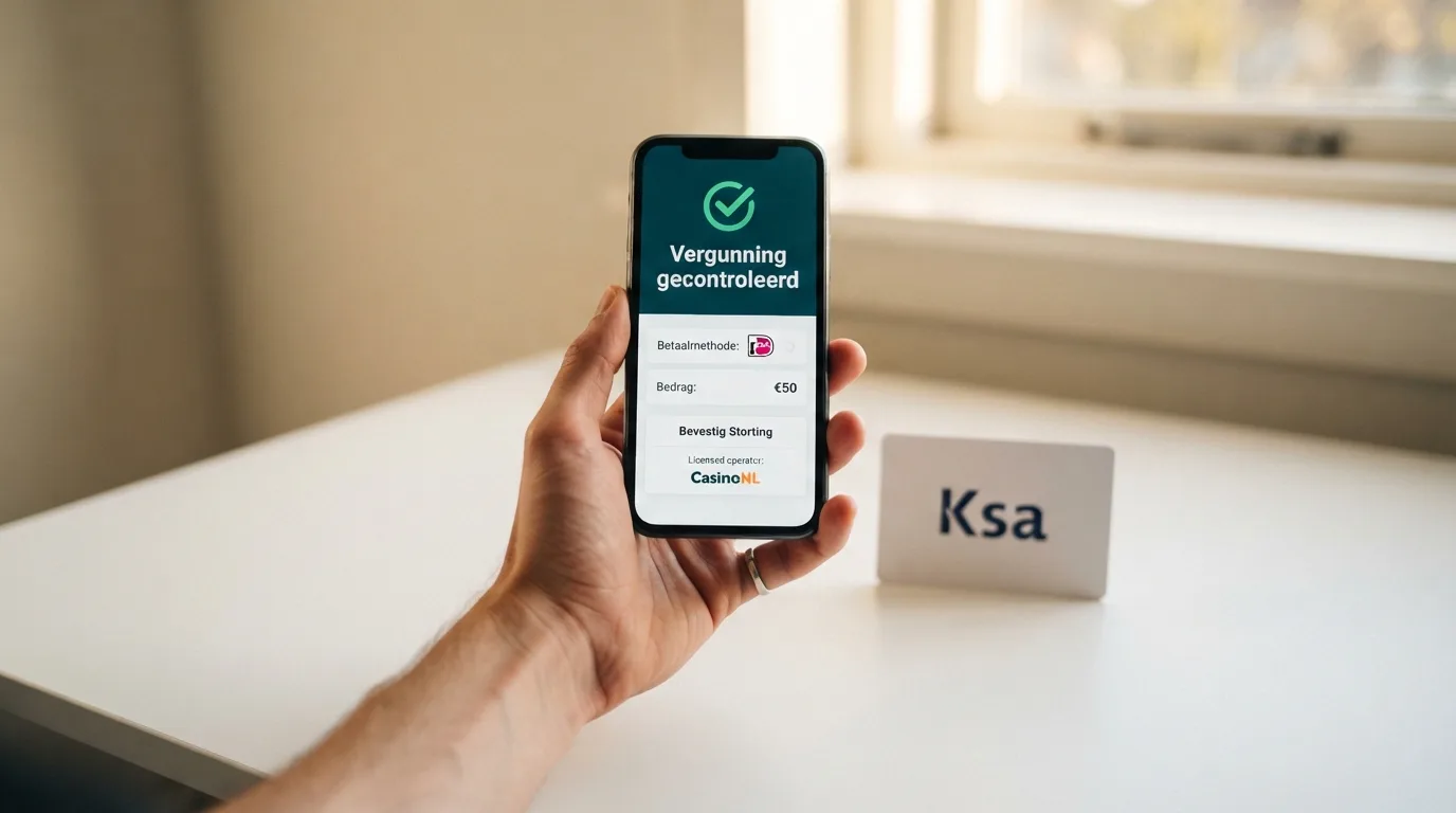 Het logo van de Kansspelautoriteit prominent naast een smartphone die een casino-stortingspagina toont, met een groen vinkje bij 'Vergunning gecontroleerd'.